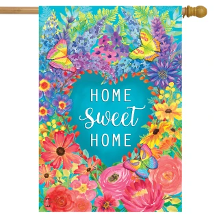Briarwood Lane small printed spring house flag with colorful floral design and Home Sweet Home text.