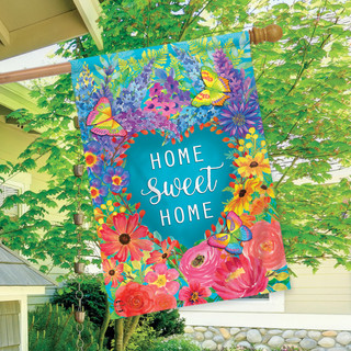 Briarwood Lane small printed spring house flag with colorful floral design and Home Sweet Home text.
