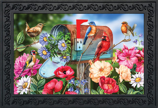 Briarwood Lane Birds And Mailbox Spring Doormat, colorful, printed decorative mat for porch or backyard display.