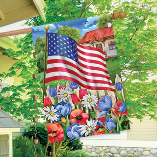 Briarwood Lane Americana Garden Summer House Flag with patriotic USA flag and colorful floral design.