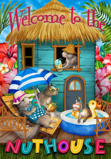 Briarwood Lane Summer Nuthouse Humor House Flag with colorful, cheery design on small, printed fabric.