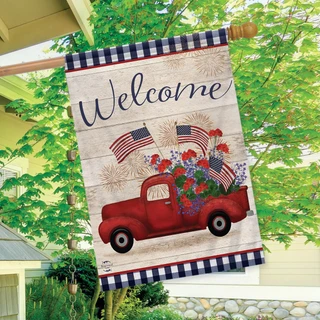 Briarwood Lane Stars And Stripes Truck Patriotic House Flag with red, white, and blue embellishments.