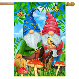 Briarwood Lane Gnome Sweet Gnome Spring House Flag with colorful gnomes and mushrooms outdoor decorative display.