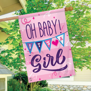 Briarwood Lane pink baby girl flag, "Oh Baby! It's a Girl" printed on double-sided house flag.