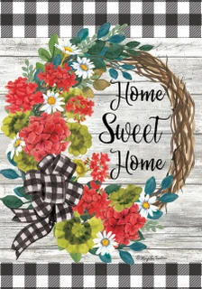 Briarwood Lane small printed Geranium Wreath Summer House Flag with colorful flowers and cheery Home Sweet Home.