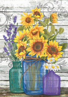 Briarwood Lane Rustic Sunflowers in colorful printed decorative jars for springtime and summer porch display.