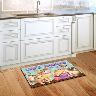 Briarwood Lane Cats Spoiled Here colorful doormat with cartoon cats on a kitchen floor display.