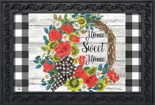Briarwood Lane Geranium Wreath Summer Doormat with colorful floral design and Home Sweet Home text.
