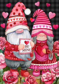 Briarwood Lane Valentine's Gnomes Garden Flag with pink hearts and roses, small, colorful, decorative display.