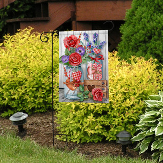 Briarwood Lane Love Filled Mason Jars Valentine's Day garden flag with pink hearts and roses.