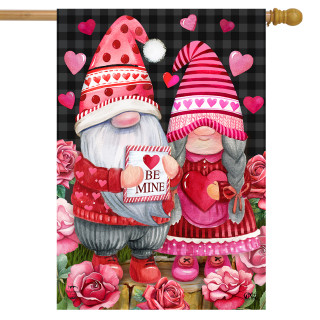 Briarwood Lane Valentine's Gnomes Humor House Flag with pink hearts and gnomes on a black background.