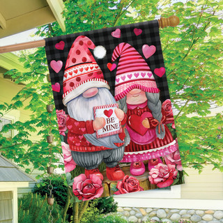 Briarwood Lane Valentine's Gnomes Humor House Flag with pink hearts and gnomes on a black background.
