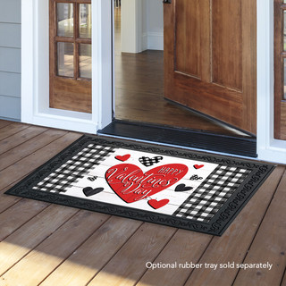 Briarwood Lane small checkered Valentine doormat with pink and red hearts, happy Valentine's Day printed.