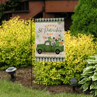 Briarwood Lane St. Pat's Pickup Holiday Garden Flag with green truck and shamrock on colorful background.
