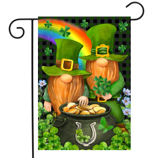Briarwood Lane Irish Gnomes St. Patrick's Day garden flag with gold accents and shamrock design.