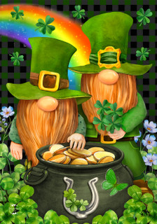 Briarwood Lane Irish Gnomes St. Patrick's Day flag with colorful gnomes and shamrocks on gold.