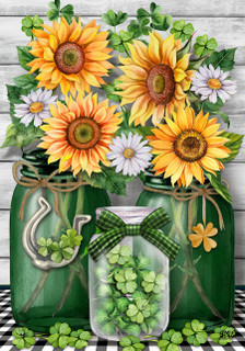 Briarwood Lane Irish Mason Jars St. Patty's garden flag with shamrock, gold accents, and colorful flowers.