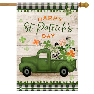Briarwood Lane St. Pat's Pickup Holiday House Flag with green truck and shamrocks design.