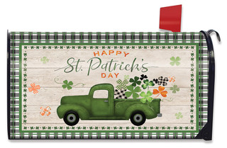 Green Briarwood Lane St. Pat's Pickup Holiday Mailbox Cover with shamrocks and plaid border design.