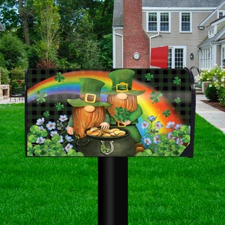 Briarwood Lane Irish Gnomes St. Patrick's Day Mailbox Cover with gnomes and rainbow design.