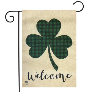 Briarwood Lane Welcome Shamrock St. Patty's Day Burlap Garden Flag with green plaid four-leaf clover.