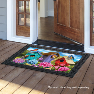 Briarwood Lane Colorful Birdhouses Spring Doormat with vibrant birdhouses and flowers on a black background.