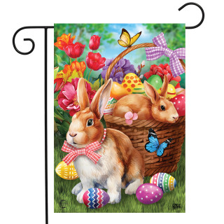 Briarwood Lane Bunnies and Basket Easter Garden Flag with colorful eggs and spring flowers decoration.