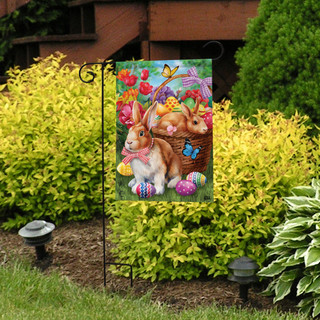 Briarwood Lane Bunnies and Basket Easter Garden Flag with colorful bunnies and eggs on display.