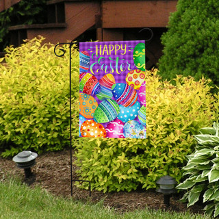 Briarwood Lane small printed garden flag with colorful Easter eggs on a vibrant springtime porch display.