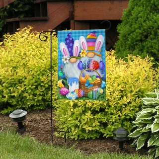 Briarwood Lane Easter Gnomes Holiday Garden Flag with colorful gnomes and Easter eggs on display outdoors.