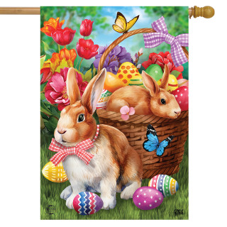 Briarwood Lane Bunnies And Basket Easter House Flag with colorful bunnies and eggs on decorative fabric.