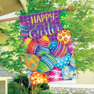 Briarwood Lane small printed Easter flag with colorful eggs and Happy Easter text on purple background.
