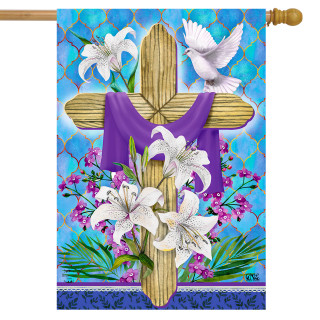 Briarwood Lane Easter Lily Cross flag with purple cloth, white lilies, and dove, symbolizing holy spirit.