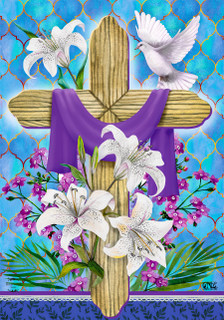Briarwood Lane Easter Lily Cross Holiday House Flag with purple cloth, white lilies, and dove.