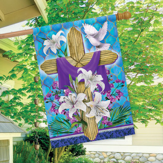Briarwood Lane Easter Lily Cross flag with purple cloth, lilies, and doves on a wooden pole.