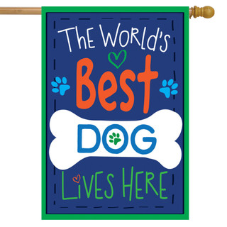 Briarwood Lane double-sided house flag with colorful dog design and pawprint accents for porch display.