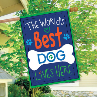 Briarwood Lane double-sided house flag with colorful dog design and paw prints on green border.