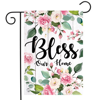Briarwood Lane small, printed, colorful garden flag with floral design and Bless Our Home text.