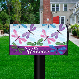 Briarwood Lane Welcome Dragonflies Spring Mailbox Cover, colorful, decorative, cheery, printed design with dragonflies and welcome.