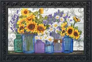 Briarwood Lane Rustic Sunflowers Summer Doormat with colorful flowers in mason jars on a wooden background.