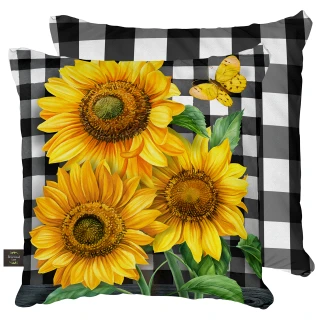 Briarwood Lane checkered sunflowers decorative pillow with bright yellow flowers and black and white background.