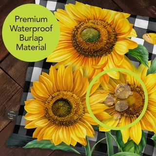 Briarwood Lane checkered sunflowers decorative pillow, colorful printed design on waterproof burlap material, bright summer display.