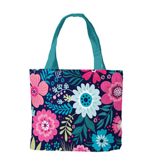 Briarwood Lane bright floral spring canvas tote bag with colorful printed flowers and teal handles.