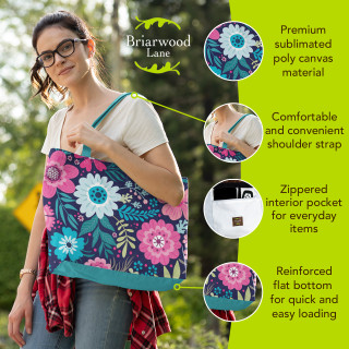 Briarwood Lane bright floral spring canvas tote bag with colorful cheery design and comfortable shoulder strap.