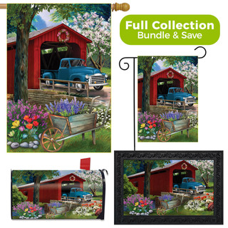 Briarwood Lane Bridge in Bloom garden flag, mailbox cover and doormat decorative indoor outdoor design set.