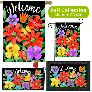 Briarwood Lane Whimsy Flowers garden flag and decorative set with colorful blooms and welcome design.
