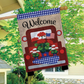 Red Truck Burlap Patriotic House Flag