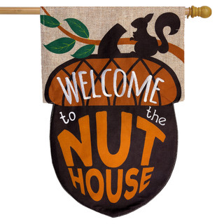 Briarwood Lane Welcome To The Nuthouse burlap house flag with colorful squirrel and acorn design.