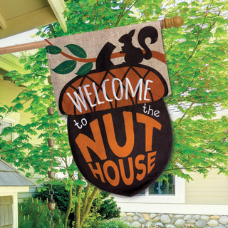 Briarwood Lane Welcome To The Nuthouse Humor Burlap House Flag, a colorful, cheery seasonal porch display.