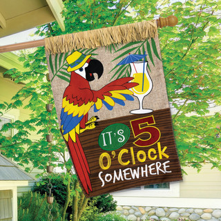 Briarwood Lane It's 5 O'Clock Summer Burlap House Flag with colorful parrot and tropical design.